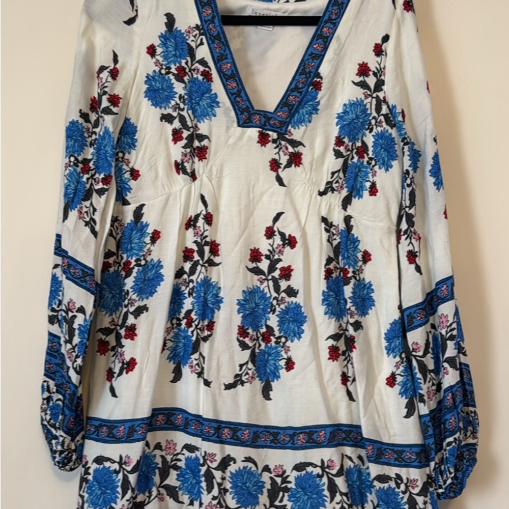 Floral V-Neck Long Sleeve Dress - Blue and Red